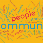 A wordcloud. The biggest word is community, followed by people, local, radio, station, events, news, information, sense, together, and more...