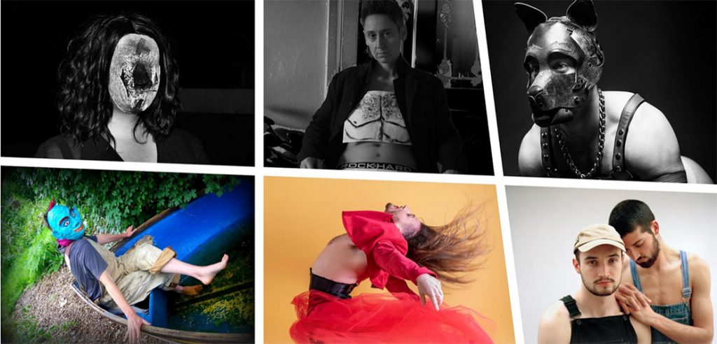 Collage of photographs from the named artists above (from left to right) headshot of subject with face obscured by Jenny Nash, reclining subject with open jacket by Francesca Alaimo, subject in dog mask by Keith Race, subject in blue mask sat on the edge of a rowing boat on dry land by Eva Marschan-Hayes subject in red skirt and jacket in dance move by Simon Pepper, subject in dungarees resting hands on another subject in dungarees by Ben Sharp. #art #queer #photography #lgbtqia #exhibition_opening #queer_events #lgbtqbrighton #ledwardcentre