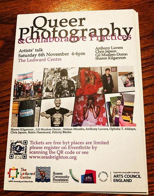 The poster for the Queer Photography exhibition has a collage of 8 featured photos on the front.