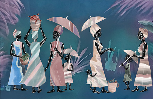 Against a background of sparse purple fronds, 5 glossy black women and 3 girls stand in 2 groups. The women wear elegant dresses with matching cloth on their heads. 3 of the women are using sunshades, one has a tub of fruit on the top of her head.