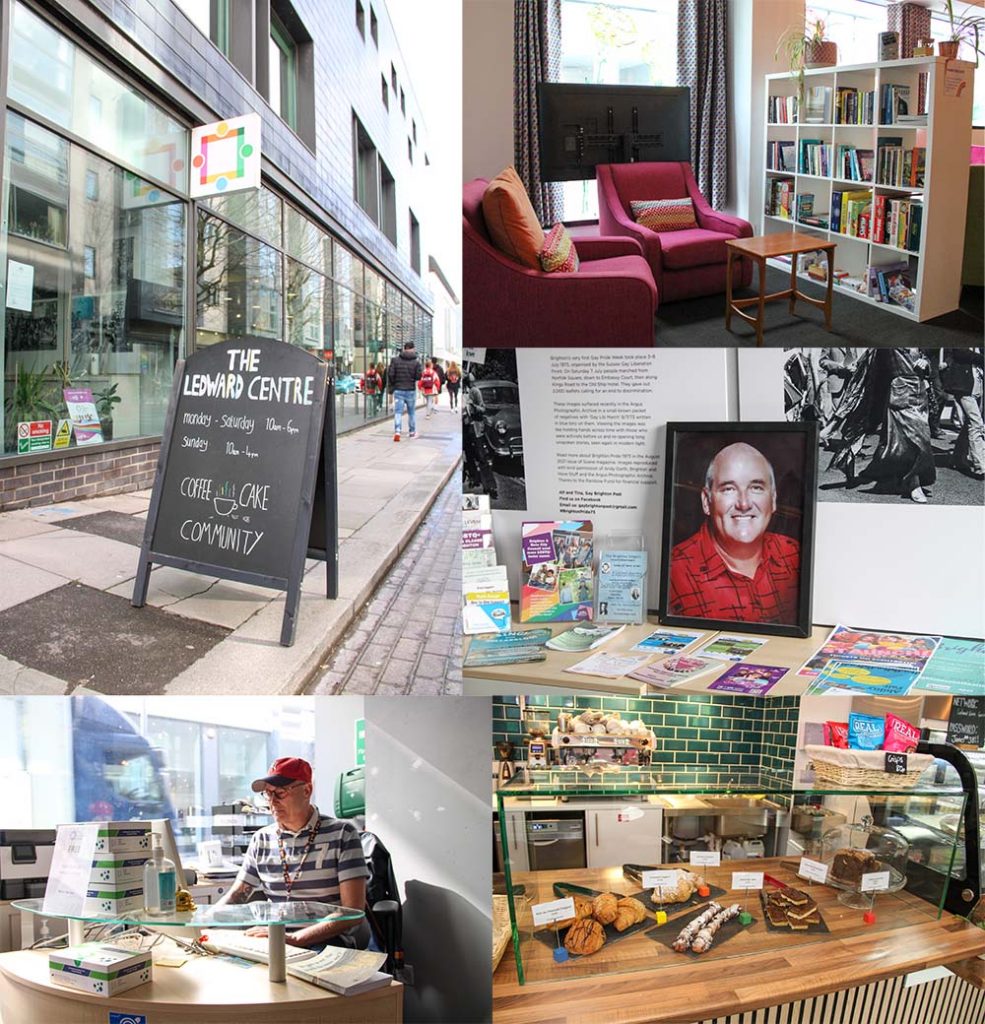 A photo collage showing the Ledward Centre entrance, some comfy chairs, a portrait of James Ledward, an attendant on Reception and a selection of pastries.